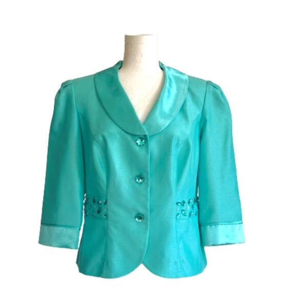 Dana Kay Blazer Jacket Dressy Formal Teal Blue Embellished 3/4 Sleeve Size 10 - Picture 12 of 12